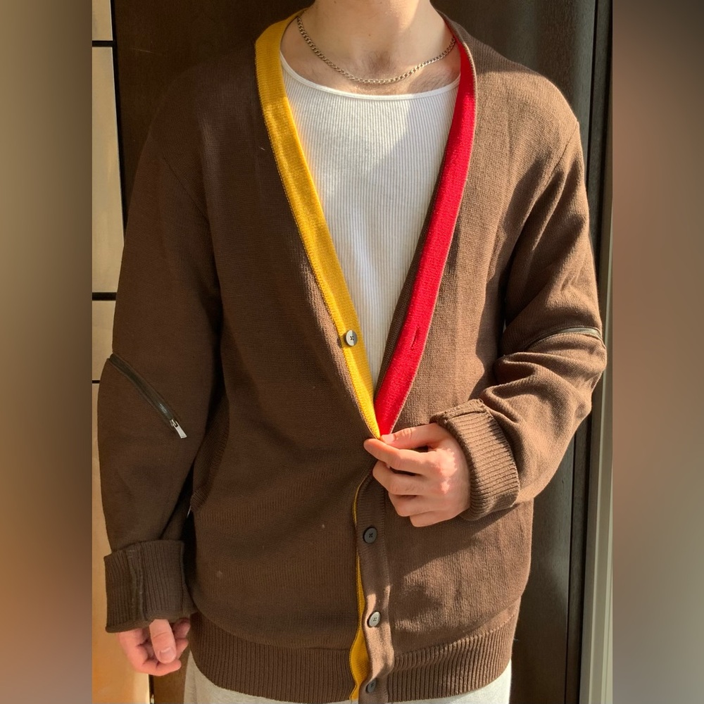 D.GNAK Brown Cardigan with Yellow and Red Trim